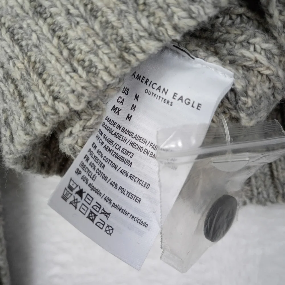 American‎ Eagle Mens Mock Neck Button Sweater Grey Marled Ribbed Knit Medium